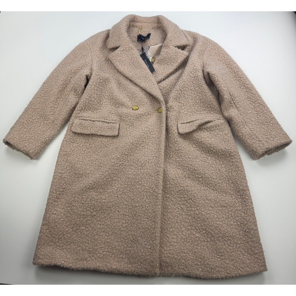 BCBG MAXAZRIA Teddy Coat Womens XL Double Breasted LUREX CHAMPAGNE